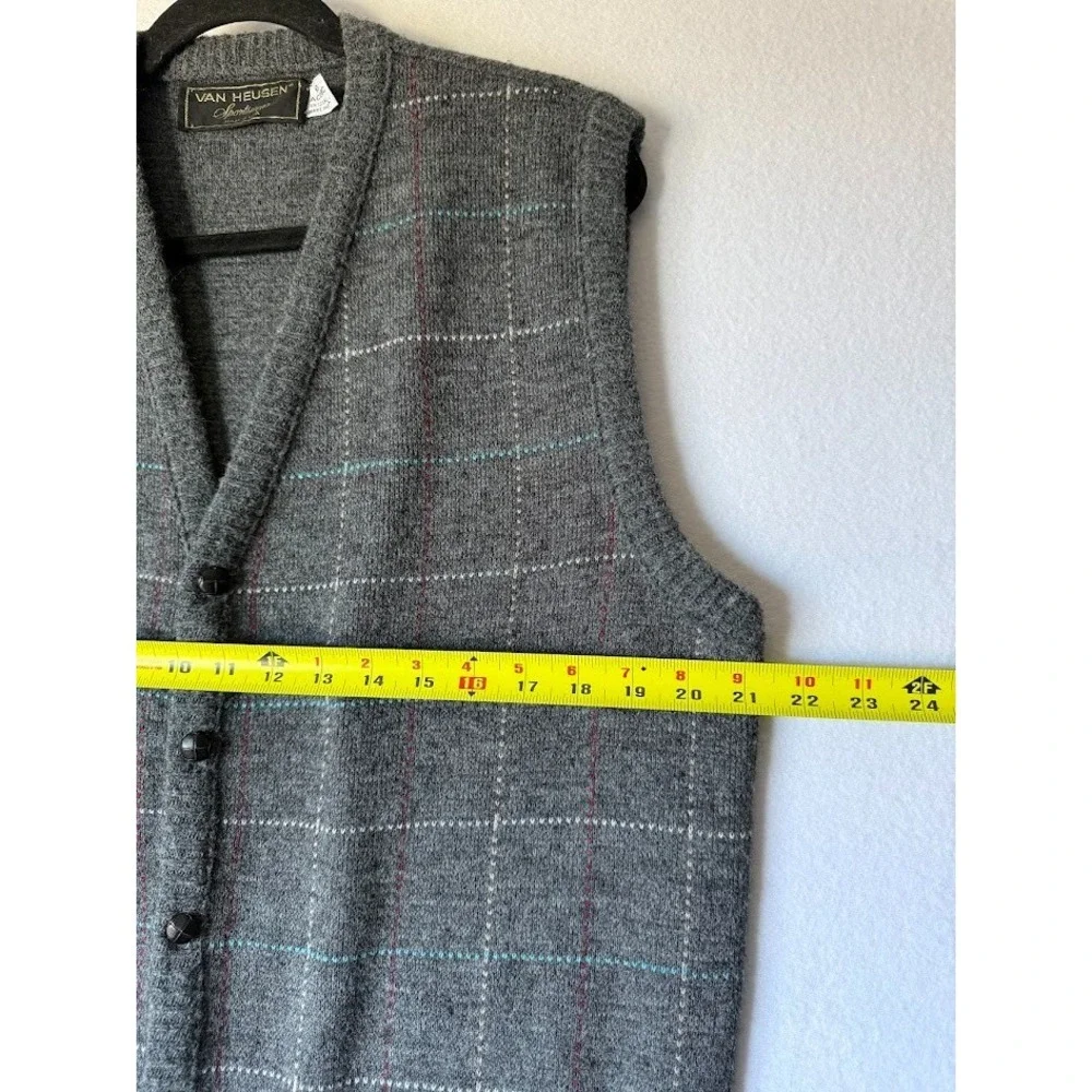 VTG Van Heusen Sportwear Vest Men Large Gray Windowpane Button Front Made In USA - Picture 6 of 11